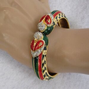 Vintage 1980s Nolan Miller Parrot Enamel & Crystal Clamp Bangle | Signed